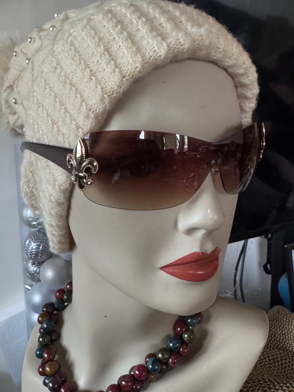 Elegant Brown Gradient Shield Sunglasses with Fleur-de-Lis Accent